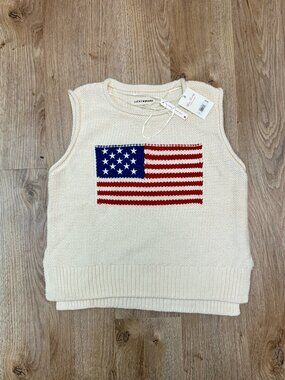 Sz S Lucky Brand American Flag Knit Sweater Vest Cream Americana Patriotic Shirt
